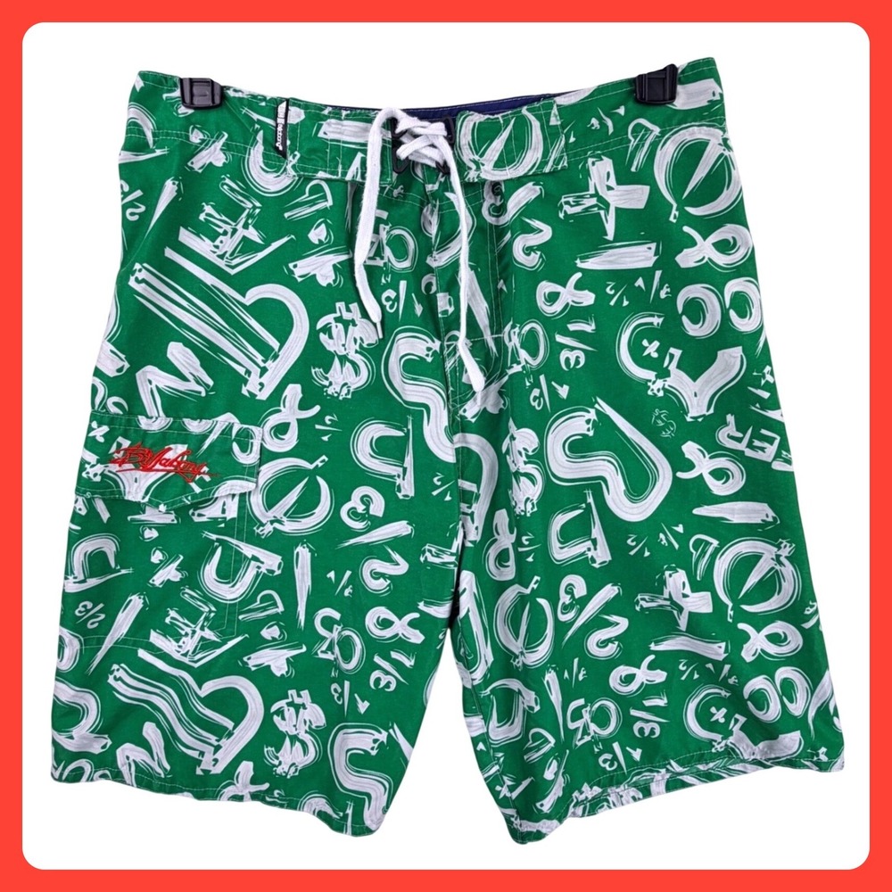 Vintage Billabong Board Shorts Men 34 Green Graffiti Graphic Surf Swim Y2K